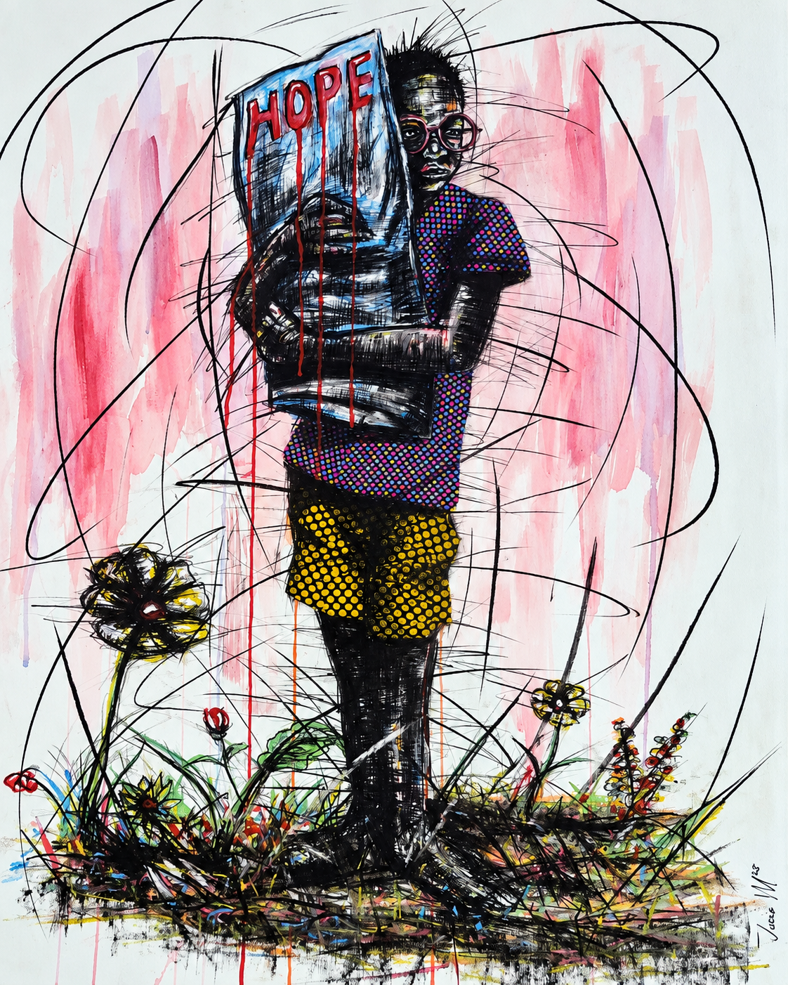 Justice Mathonsi original artwork depicting a child holding a large Hope sign surrounded by flowers and expressive linework