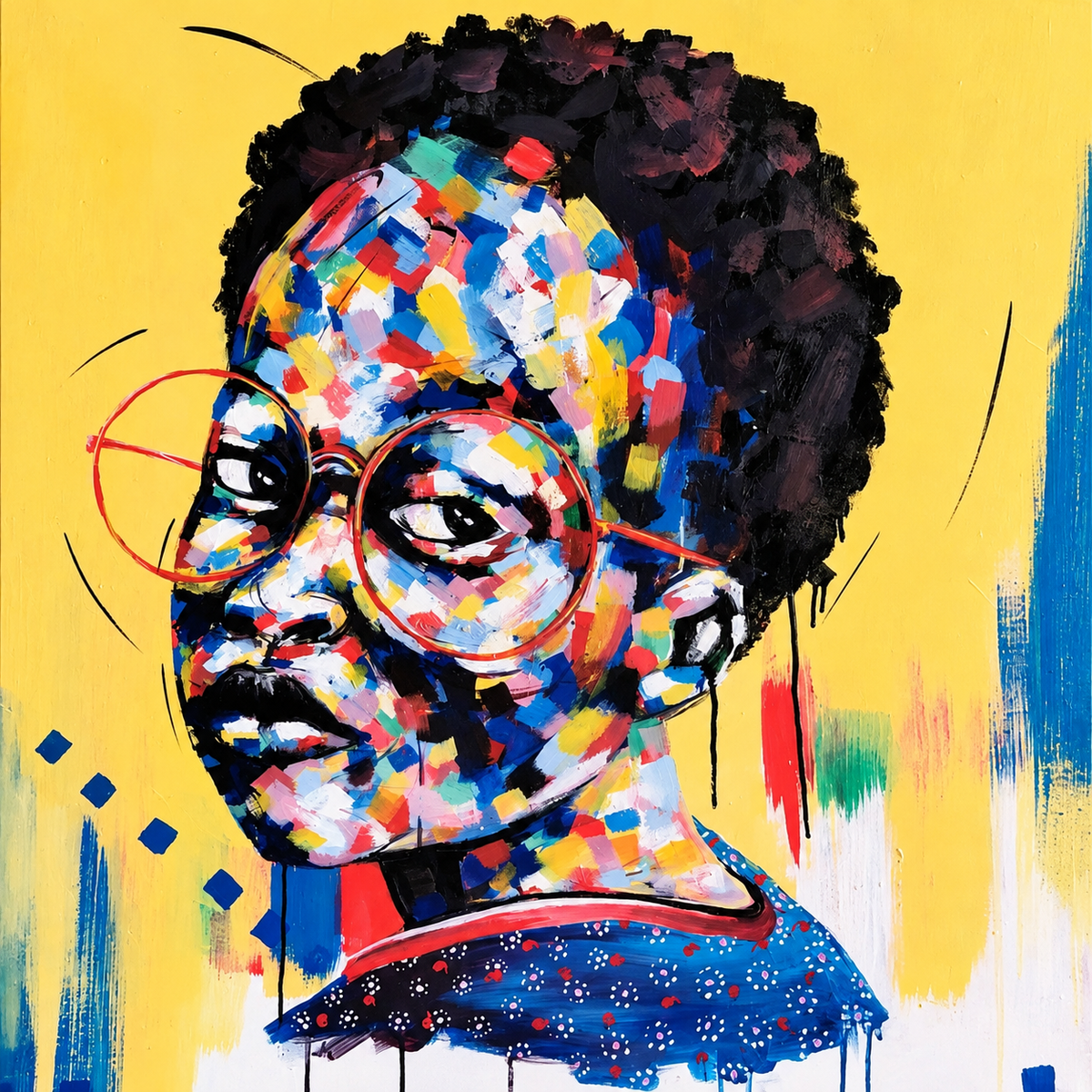 Justice Mathonsi original artwork featuring a colourful child wearing oversized round glasses against a vibrant yellow background