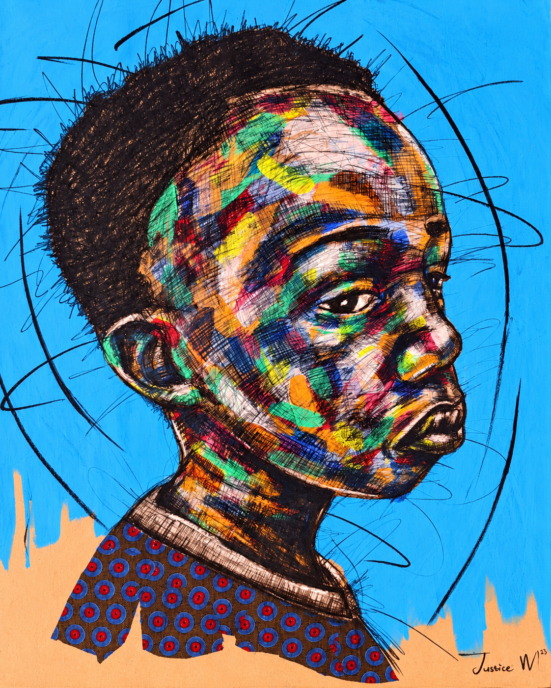 Justice Mathonsi original artwork featuring a colourful three-quarter portrait of a young boy against a blue background