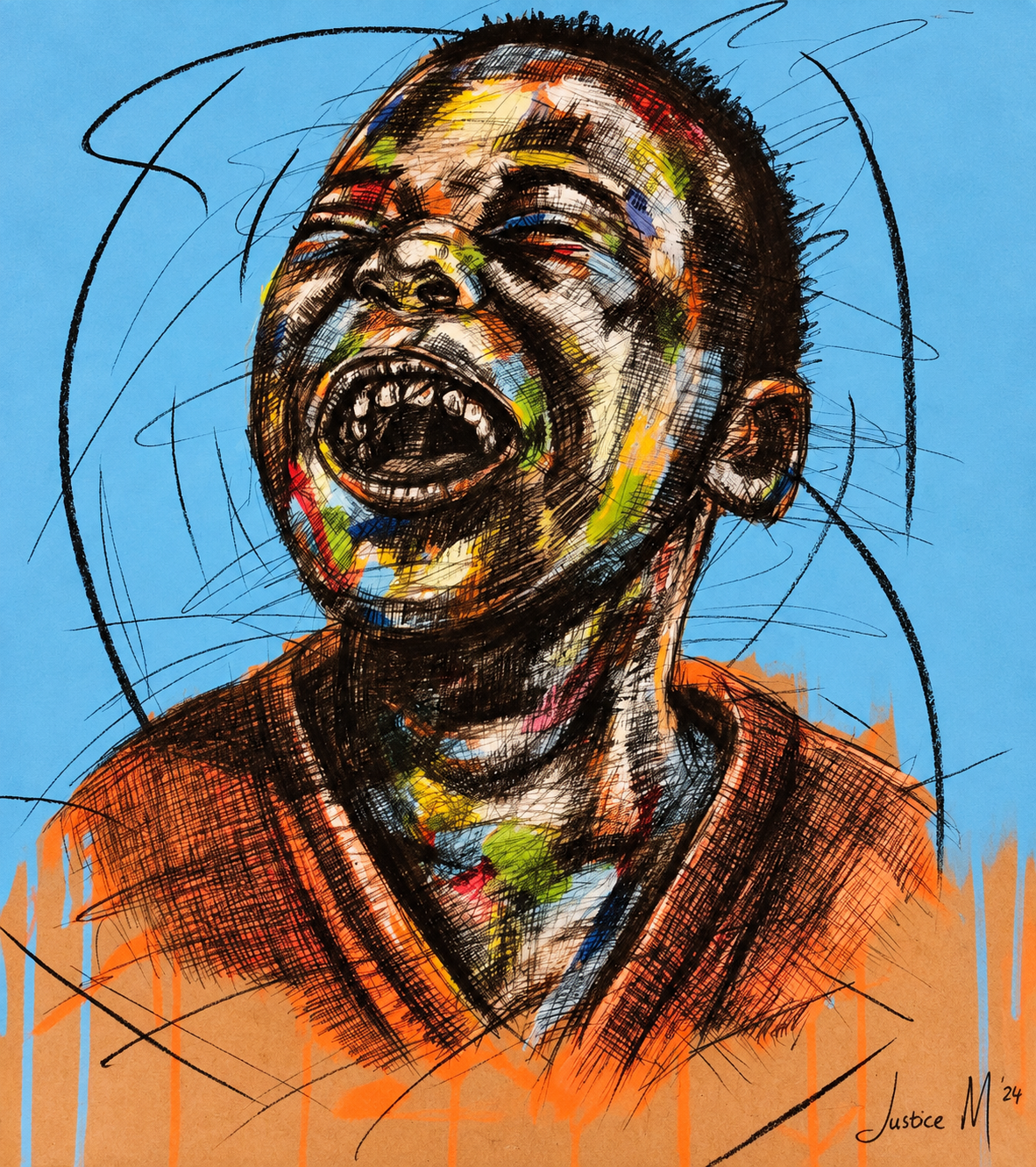 Justice Mathonsi original artwork depicting a laughing young boy in an orange shirt against a soft blue background