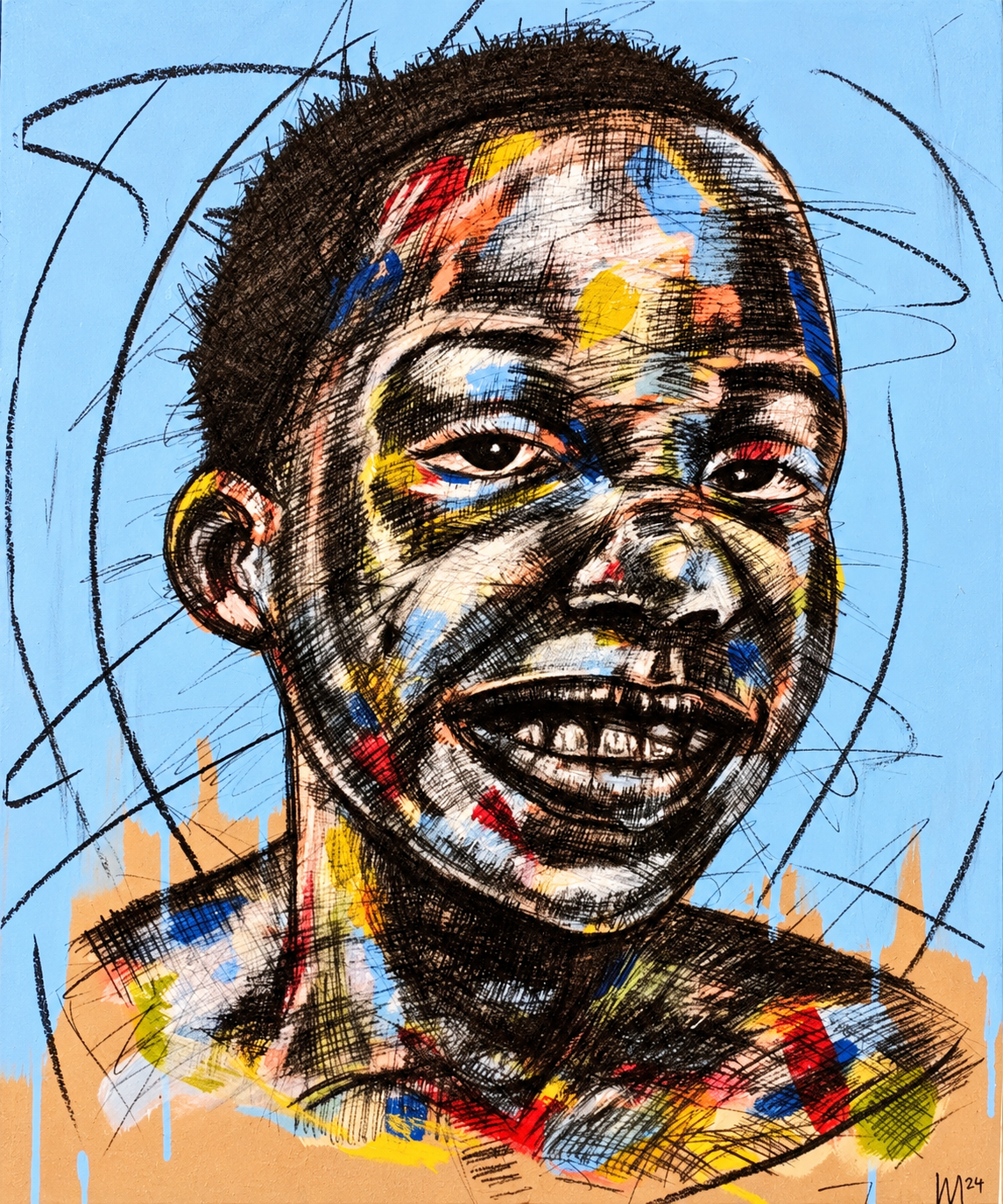 Justice Mathonsi original artwork depicting a smiling young boy rendered in expressive colour against a soft blue background