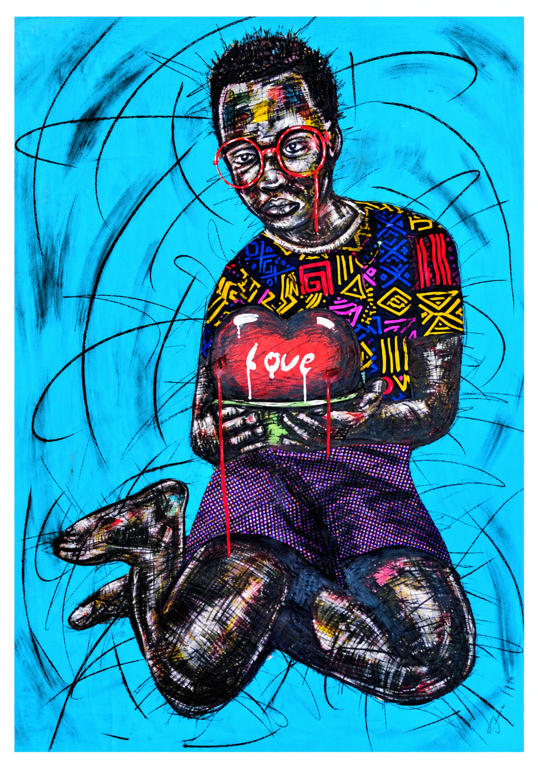 Thinking of You original mixed medium figurative artwork by Justice Mathonsi featuring a seated figure holding a heart