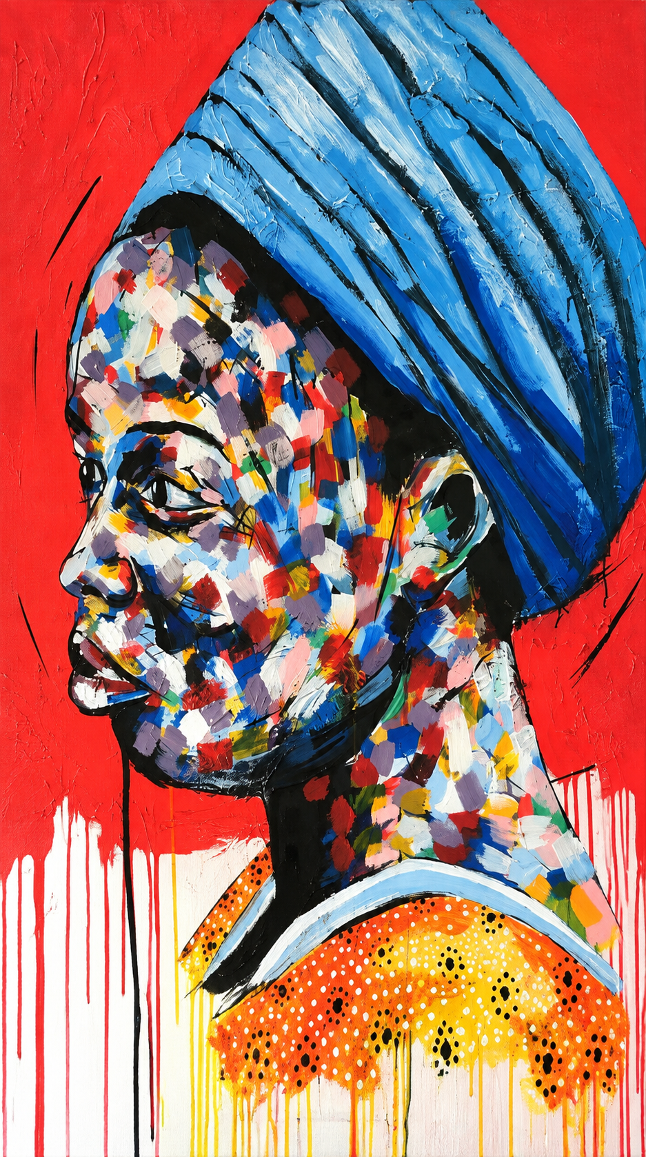 Justice Mathonsi original artwork depicting a colourful side-profile portrait of a woman wearing a blue headwrap against red
