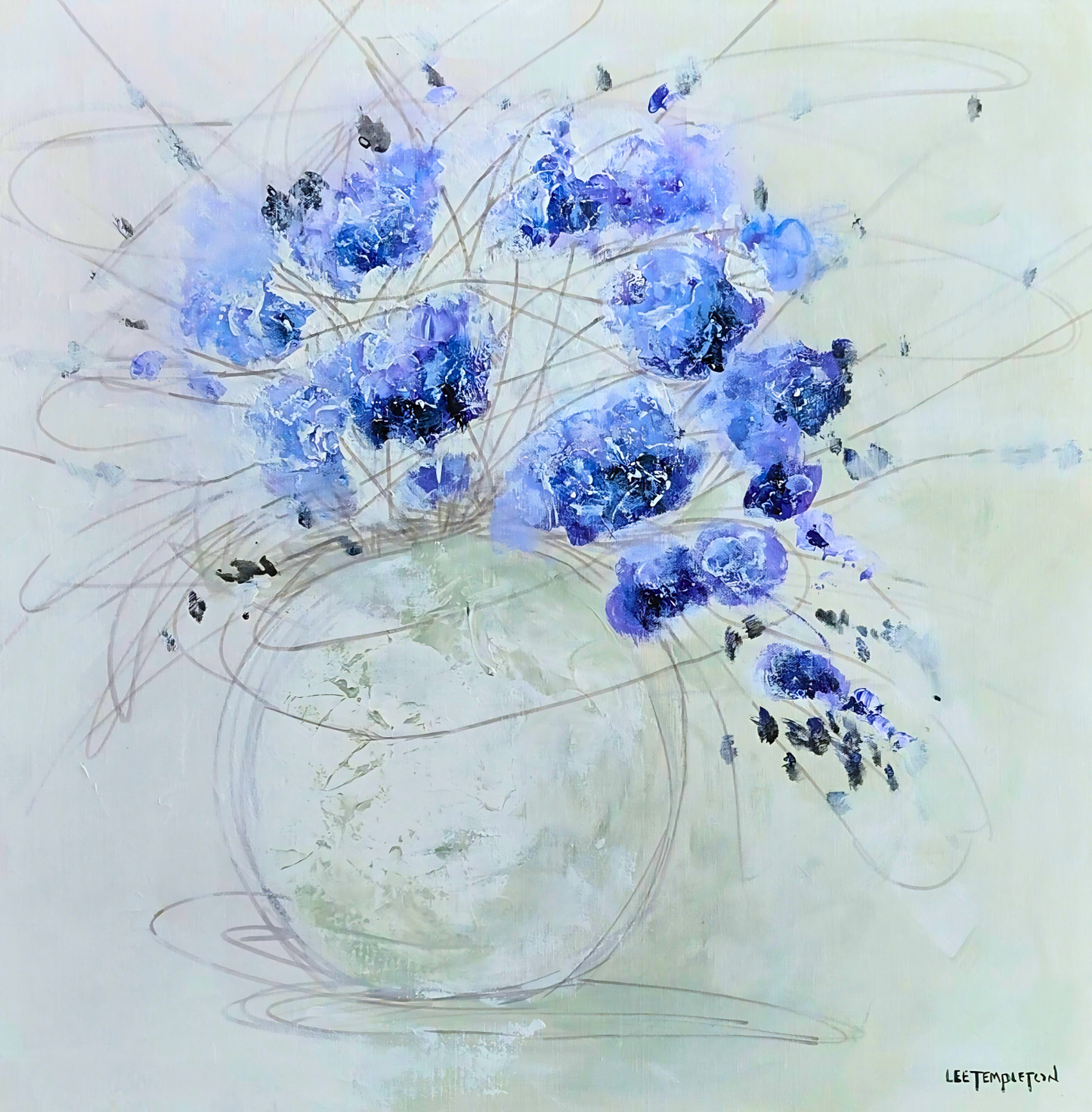 Lee Templeton original mixed media artwork on stretched canvas depicting A loose floral arrangement of blue-purple blossoms in a softly rendered vase