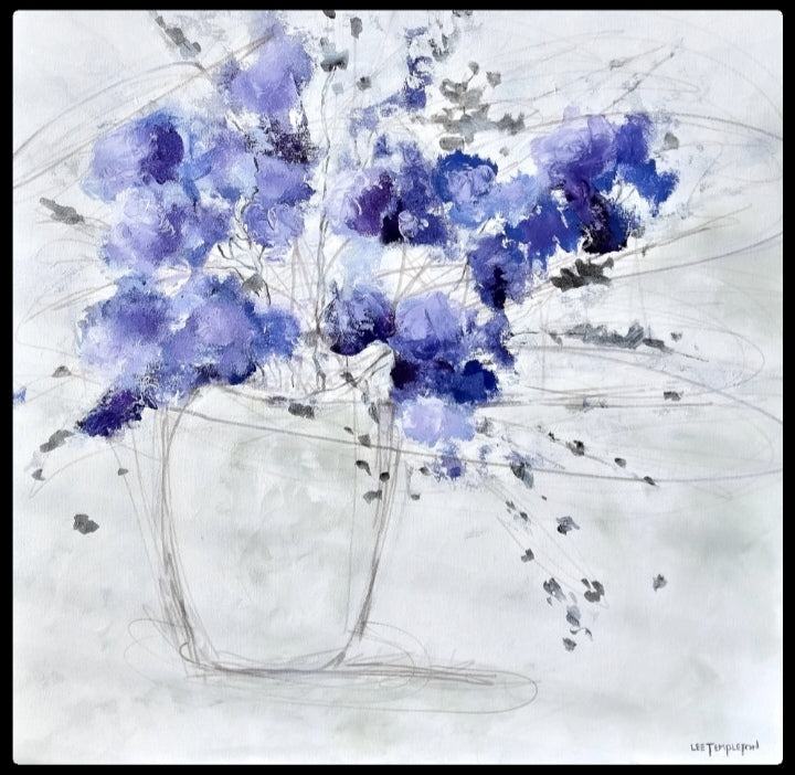 Purple Flowers by Lee Templeton, an original oil painting featuring purple blossoms in violet, lilac and soft blue tones.