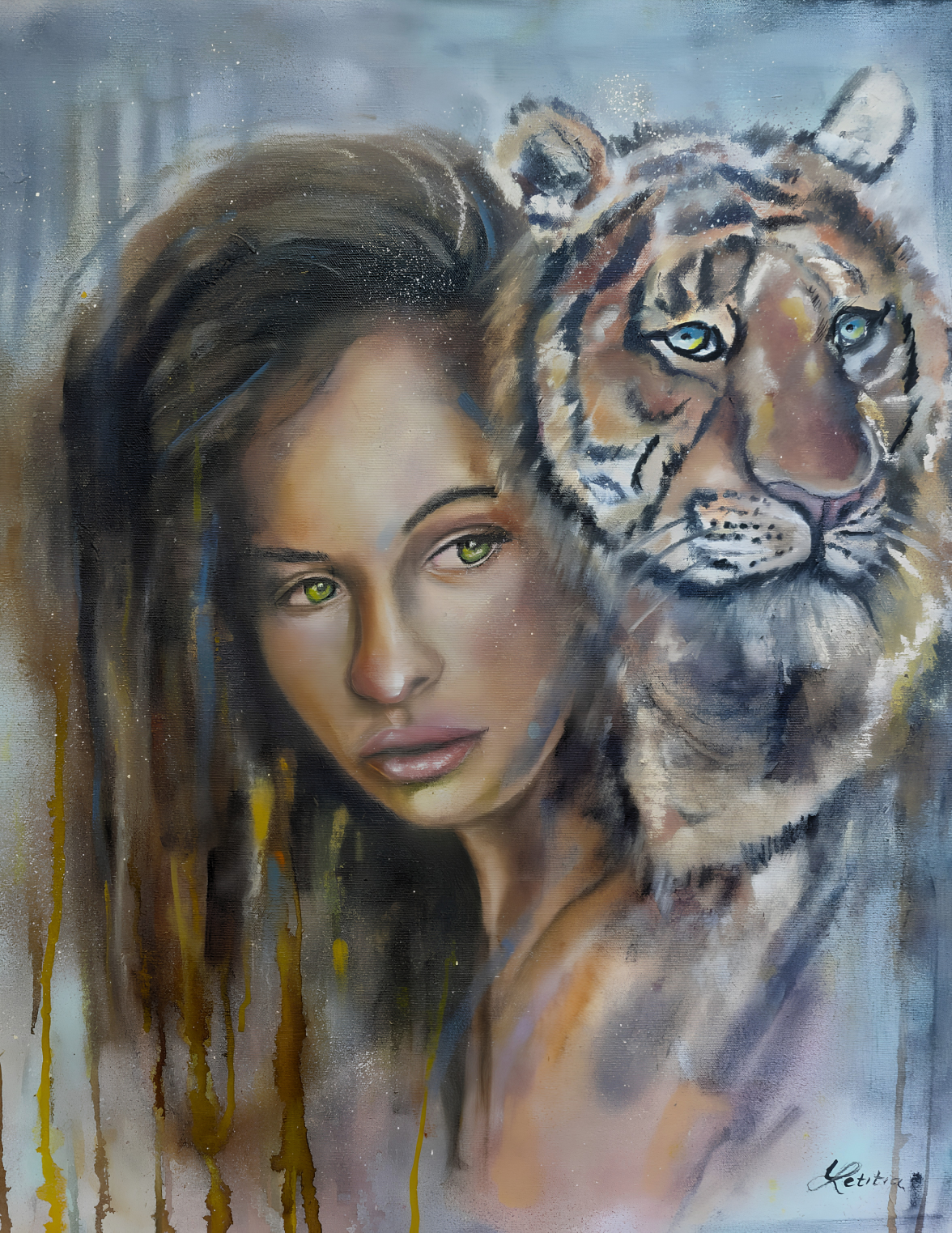 Letitia van der Merwe mixed media artwork on stretched canvas depicting a woman beside a tiger with striking green eyes and expressive layered detail