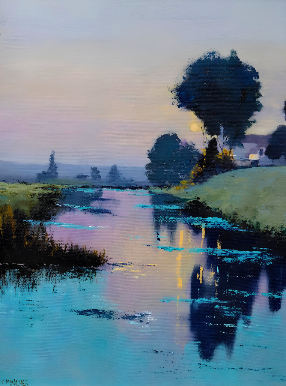 Mary Mincher original oil painting on mounted canvas depicting a tranquil river landscape at dusk with trees, distant cottages and soft reflections across the water