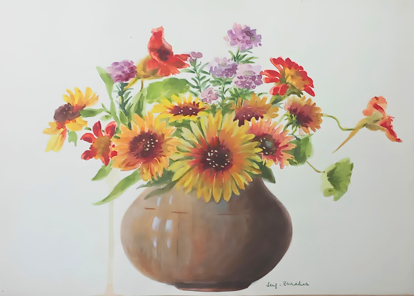 Botanical watercolour by Suz Zurcher of a mixed garden bouquet in a rounded vase, with gaillardia-style blooms, warm florals and soft greenery.