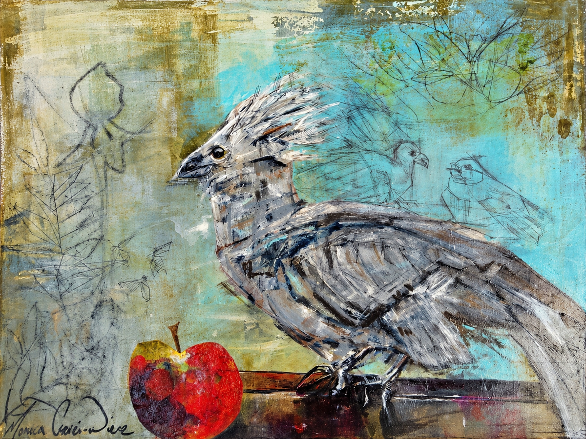 Monica Cserei original oil painting of a crested grey bird beside a red fruit against a textured turquoise botanical background