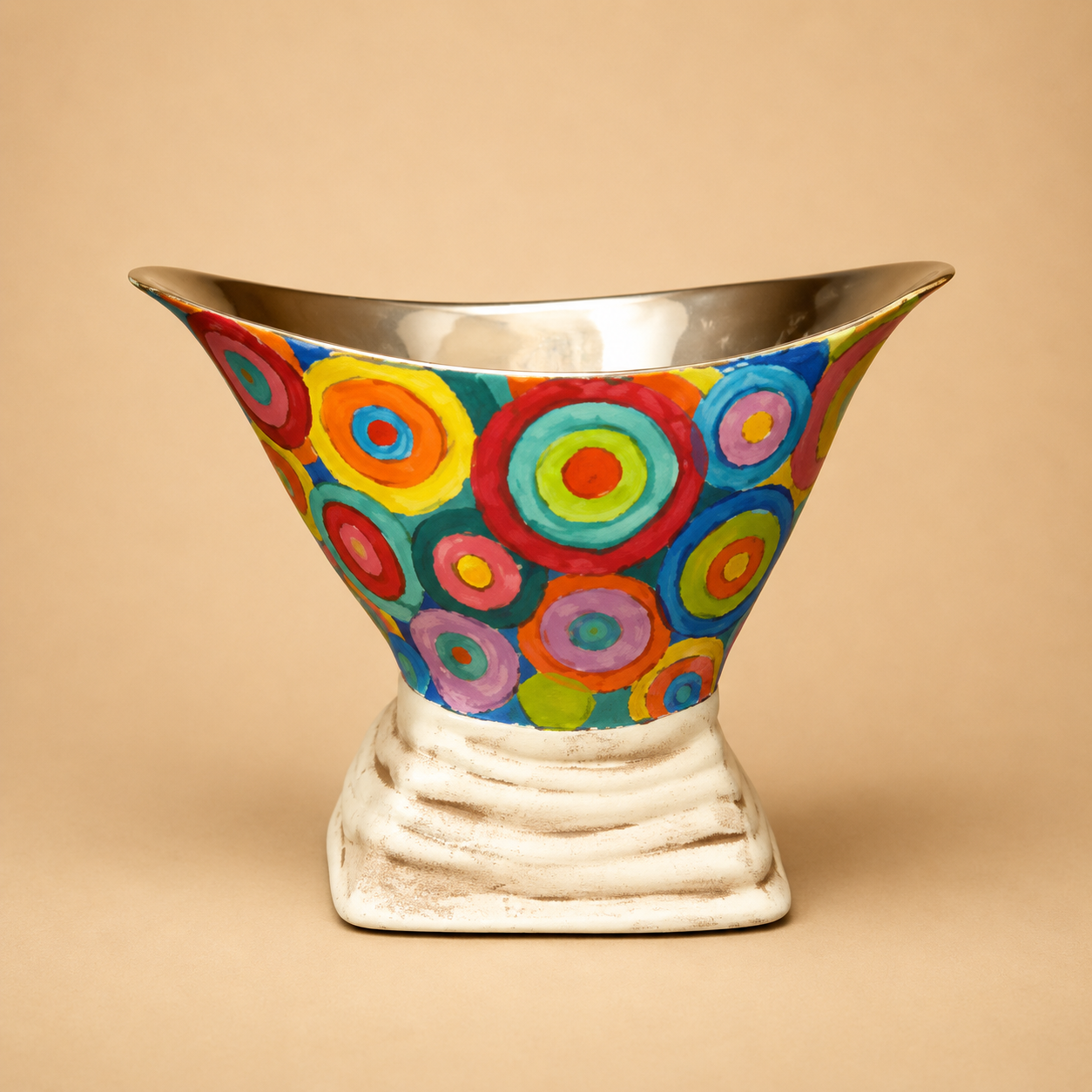 Handcrafted Multicolour Circle Pedestal Ceramic Bowl photographed on a warm beige studio background