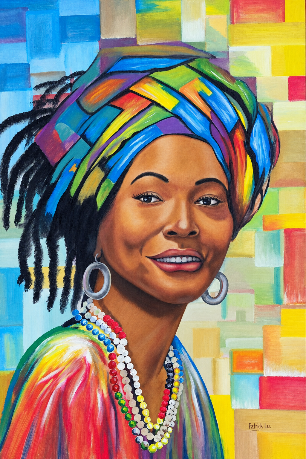 Patrick Lu original artwork featuring a colourful portrait of a smiling woman wearing a vibrant headwrap, beaded necklaces and circular earrings