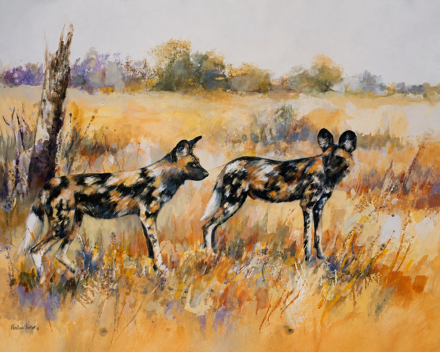 Penelope Hunter original acrylic painting on stretched canvas depicting two African wild dogs standing alert in a golden savanna landscape