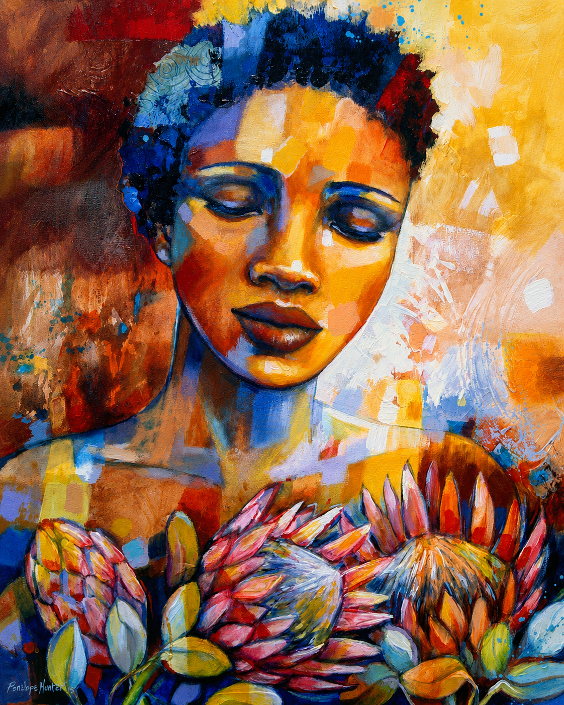 Penelope Hunter original acrylic painting on stretched canvas depicting a contemplative woman surrounded by colourful protea flowers