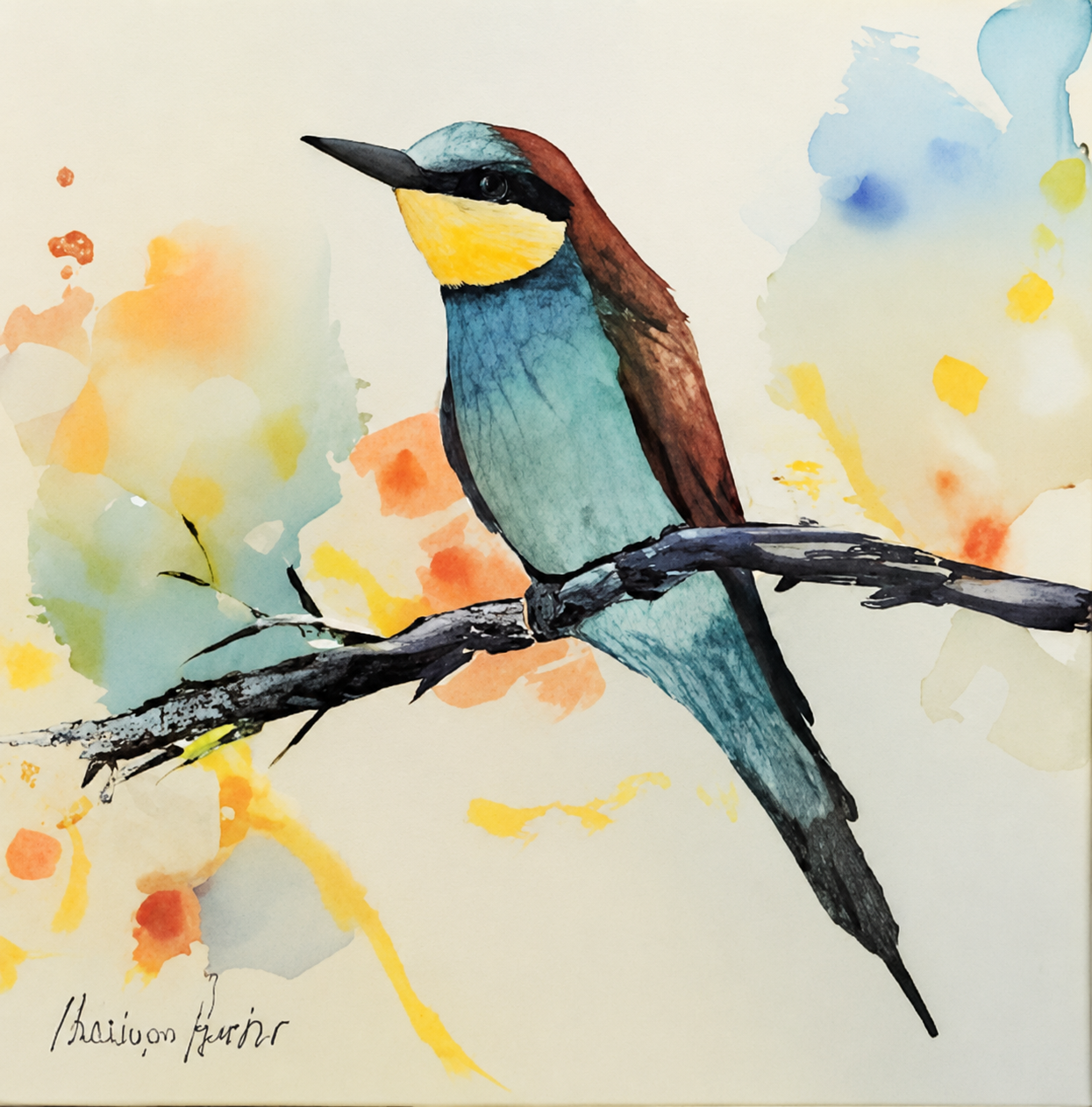 Penelope Hunter original acrylic painting on stretched canvas depicting a turquoise blue and chestnut bee-eater perched on a dark branch