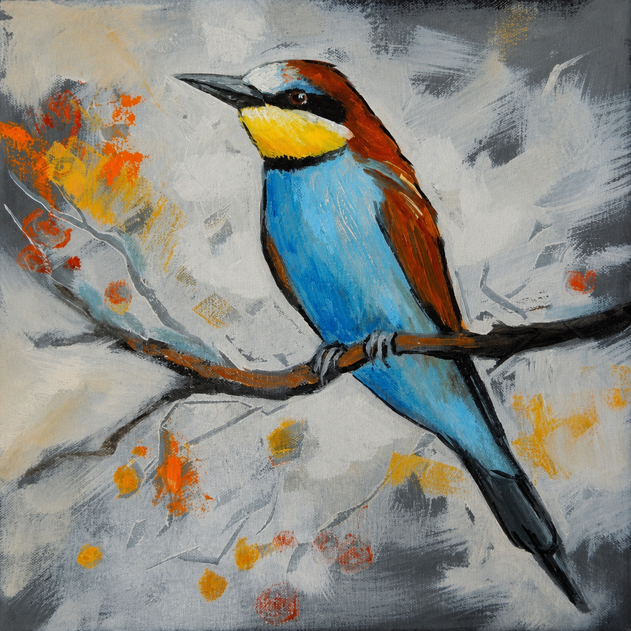 Penelope Hunter original acrylic painting on stretched canvas depicting a colourful blue and orange bird perched on a dark branch