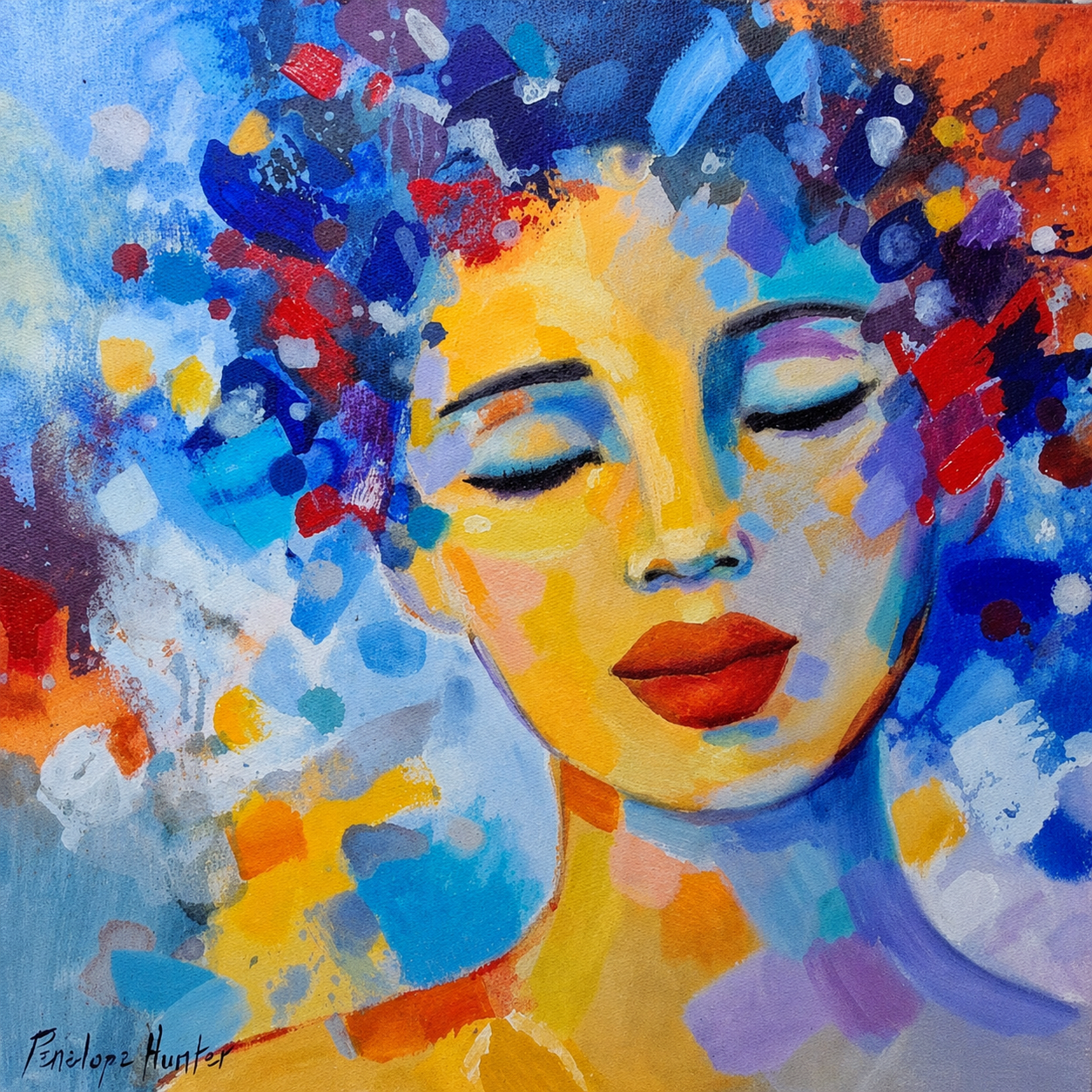 Penelope Hunter original acrylic painting on stretched canvas depicting a serene woman with closed eyes surrounded by blue, yellow and violet colour