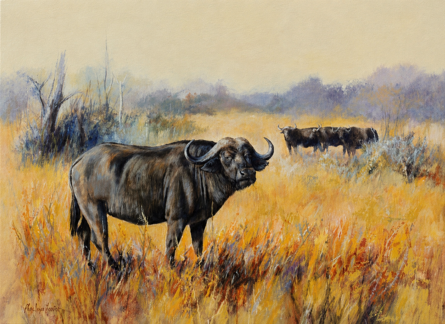 Penelope Hunter original acrylic painting on stretched canvas depicting an African buffalo standing in golden savanna grass with a distant herd