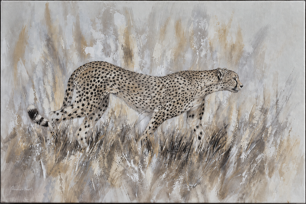 Penelope Hunter original painting on stretched canvas depicting a cheetah moving through tall grass in a softly textured neutral landscape