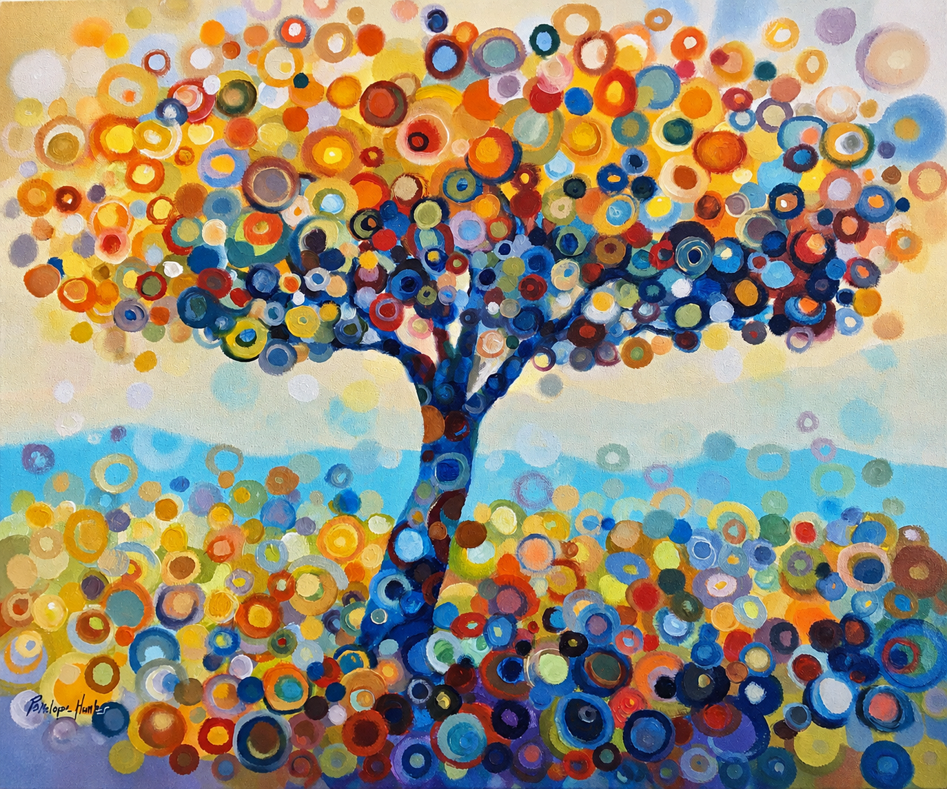 Penelope Hunter original acrylic painting on stretched canvas depicting a spreading tree formed from hundreds of colourful circular marks