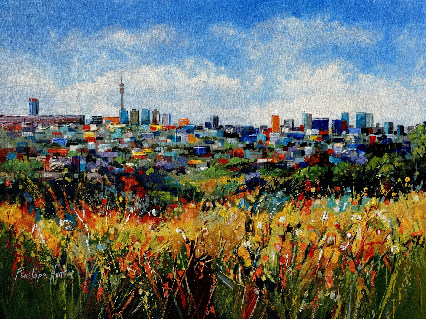 Penelope Hunter original acrylic painting on stretched canvas depicting a colourful city skyline beyond a vibrant meadow beneath a blue sky