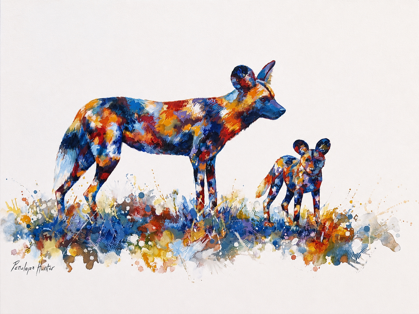 Penelope Hunter original acrylic painting on stretched canvas depicting a colourful adult antelope standing beside a young calf