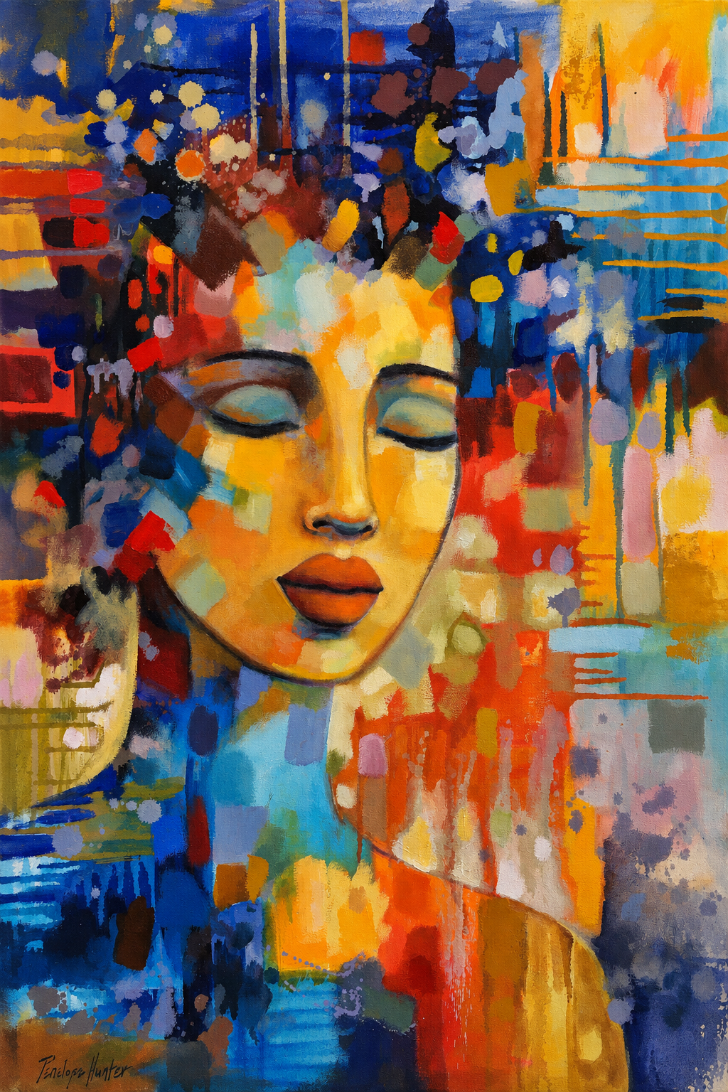 Penelope Hunter original acrylic painting on stretched canvas depicting a serene woman with closed eyes surrounded by vibrant abstract colour