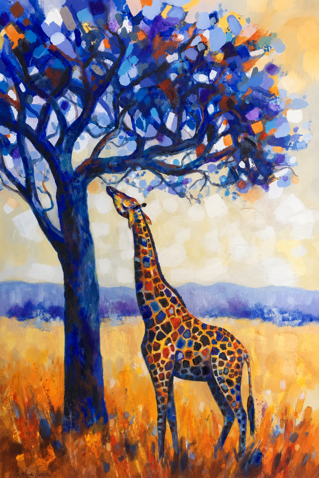 Penelope Hunter original acrylic painting on stretched canvas depicting a colourful giraffe standing beneath a deep blue acacia tree