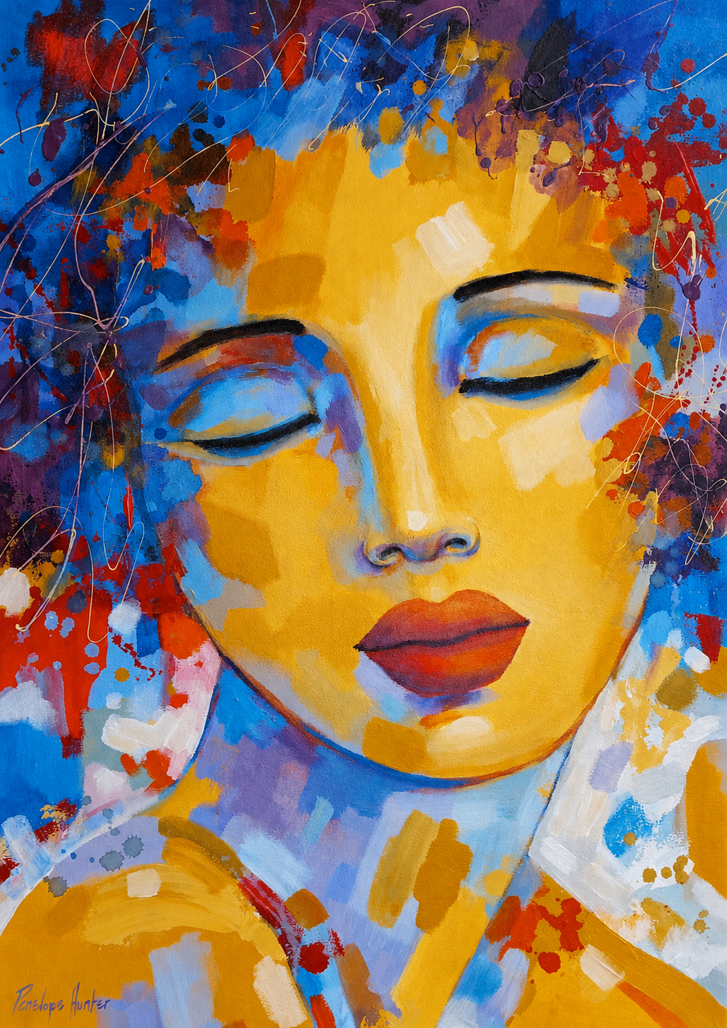 Penelope Hunter original acrylic painting on stretched canvas depicting a serene woman with closed eyes surrounded by golden, blue and red colour
