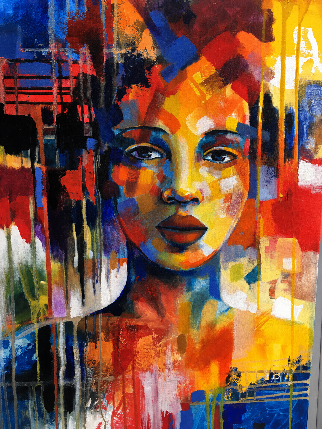 Penelope Hunter original acrylic painting on stretched canvas depicting a woman emerging through vivid red, blue, orange and yellow abstract colour