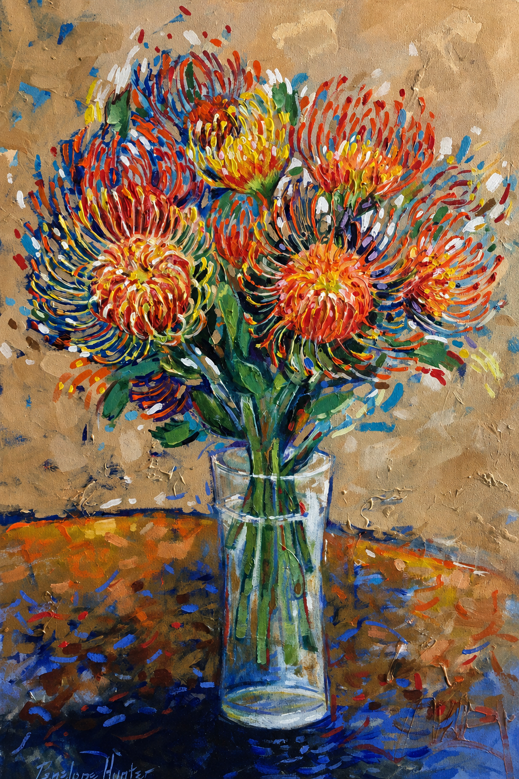 Penelope Hunter original acrylic painting on stretched canvas depicting a colourful bouquet of pincushion proteas in a tall clear glass vase