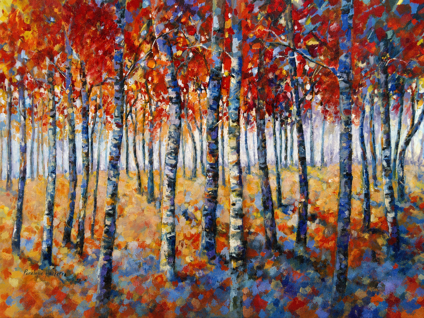 Penelope Hunter original acrylic painting on stretched canvas depicting a dense autumn forest beneath vibrant red and orange foliage