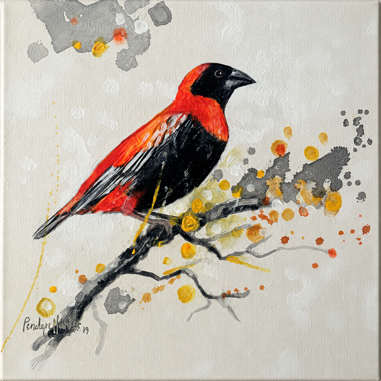 Penelope Hunter original acrylic painting on stretched canvas depicting a vivid red and black bird perched on a dark grey branch