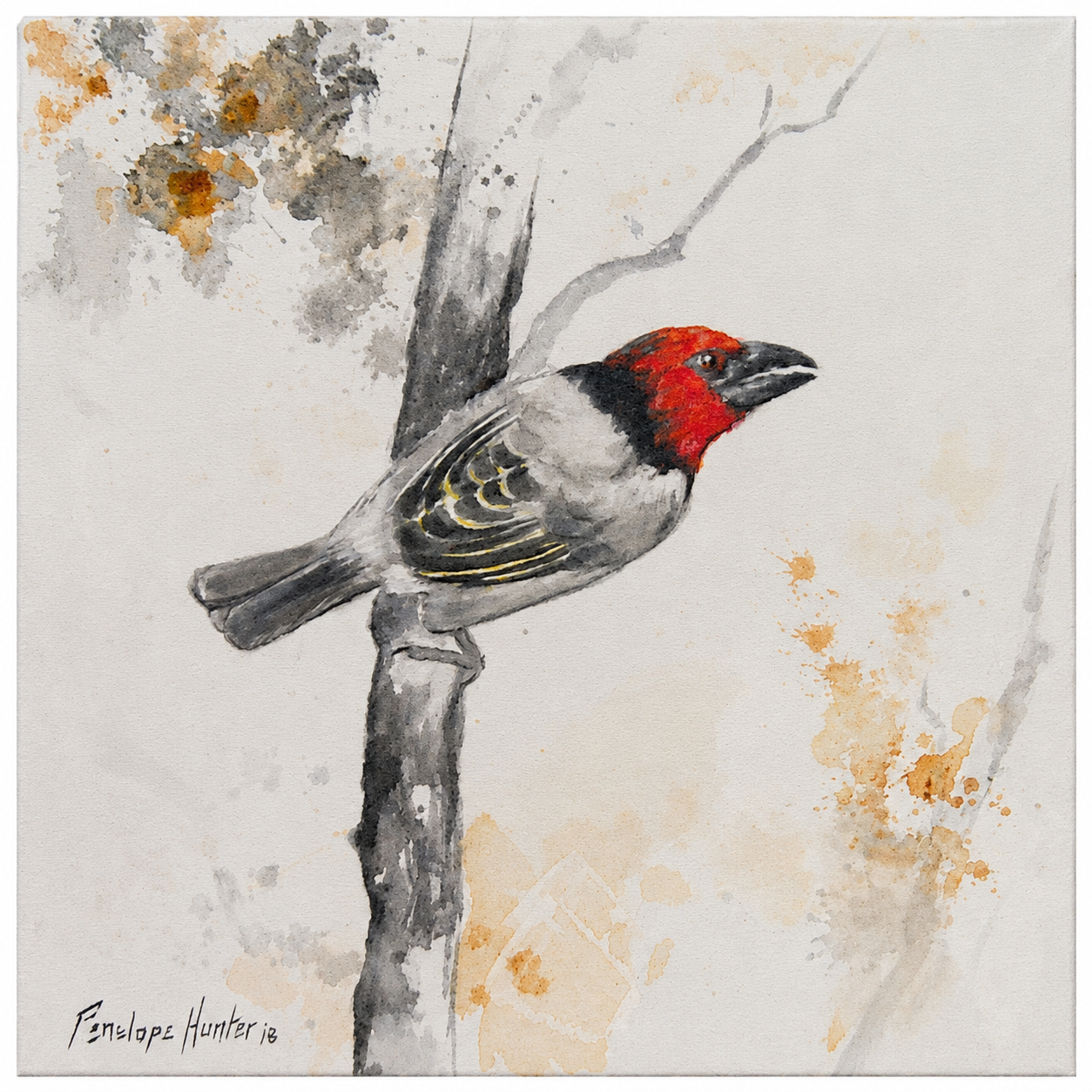 Penelope Hunter original acrylic painting on stretched canvas depicting a grey bird with a vivid red head perched on a weathered stump