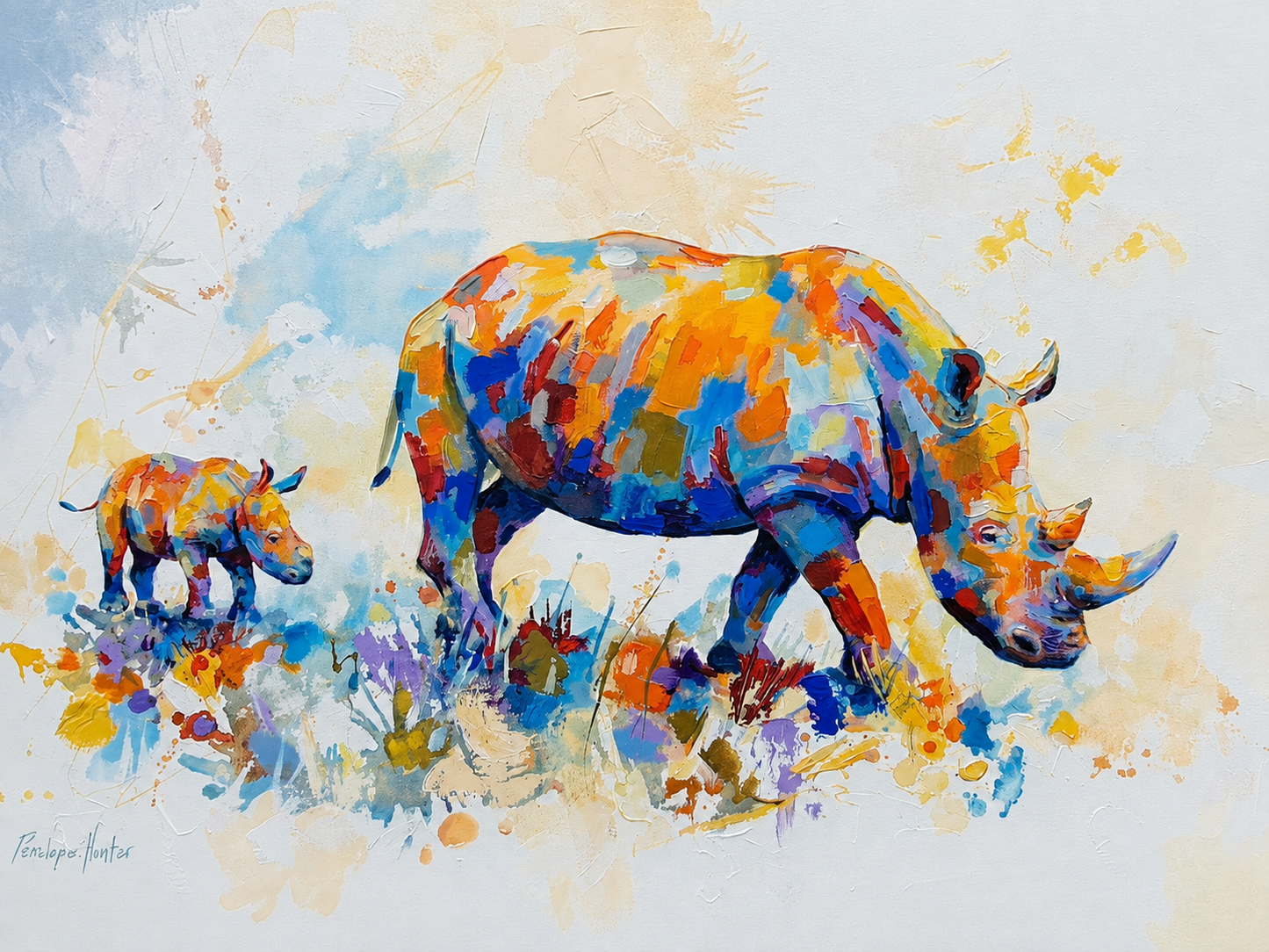 Penelope Hunter original acrylic painting on stretched canvas depicting a colourful rhinoceros and calf walking together in side profile