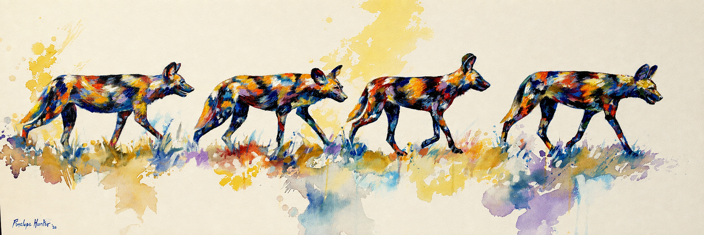 Penelope Hunter original acrylic painting on stretched canvas depicting a pack of colourful African wild dogs running together