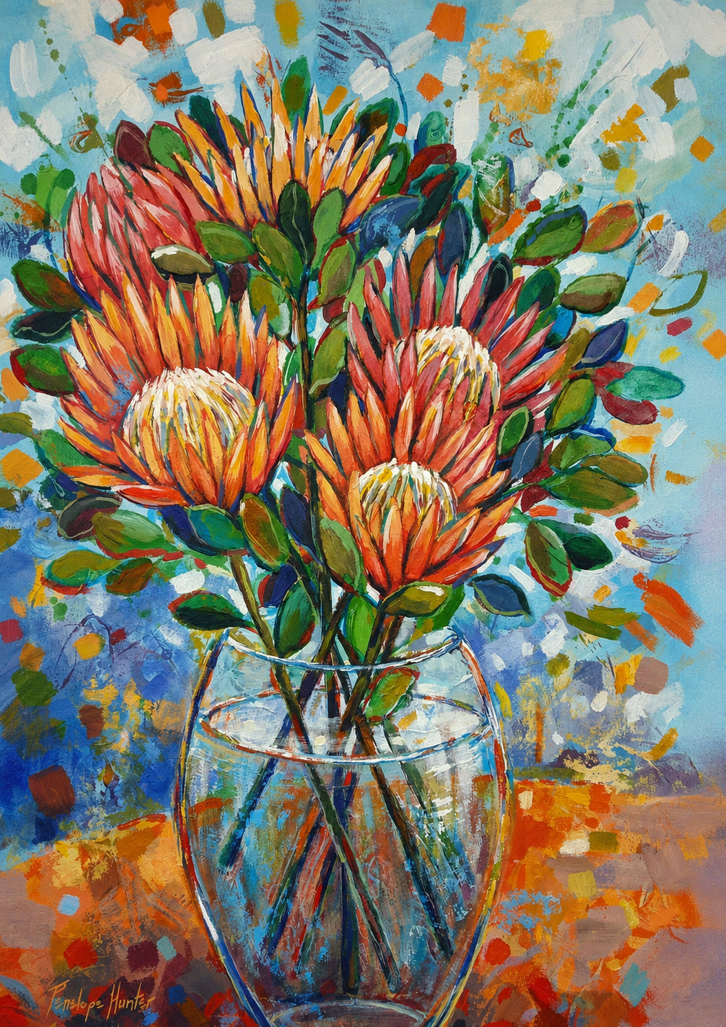 Penelope Hunter original acrylic painting on stretched canvas depicting a tall colourful bouquet of proteas arranged in a clear glass vase