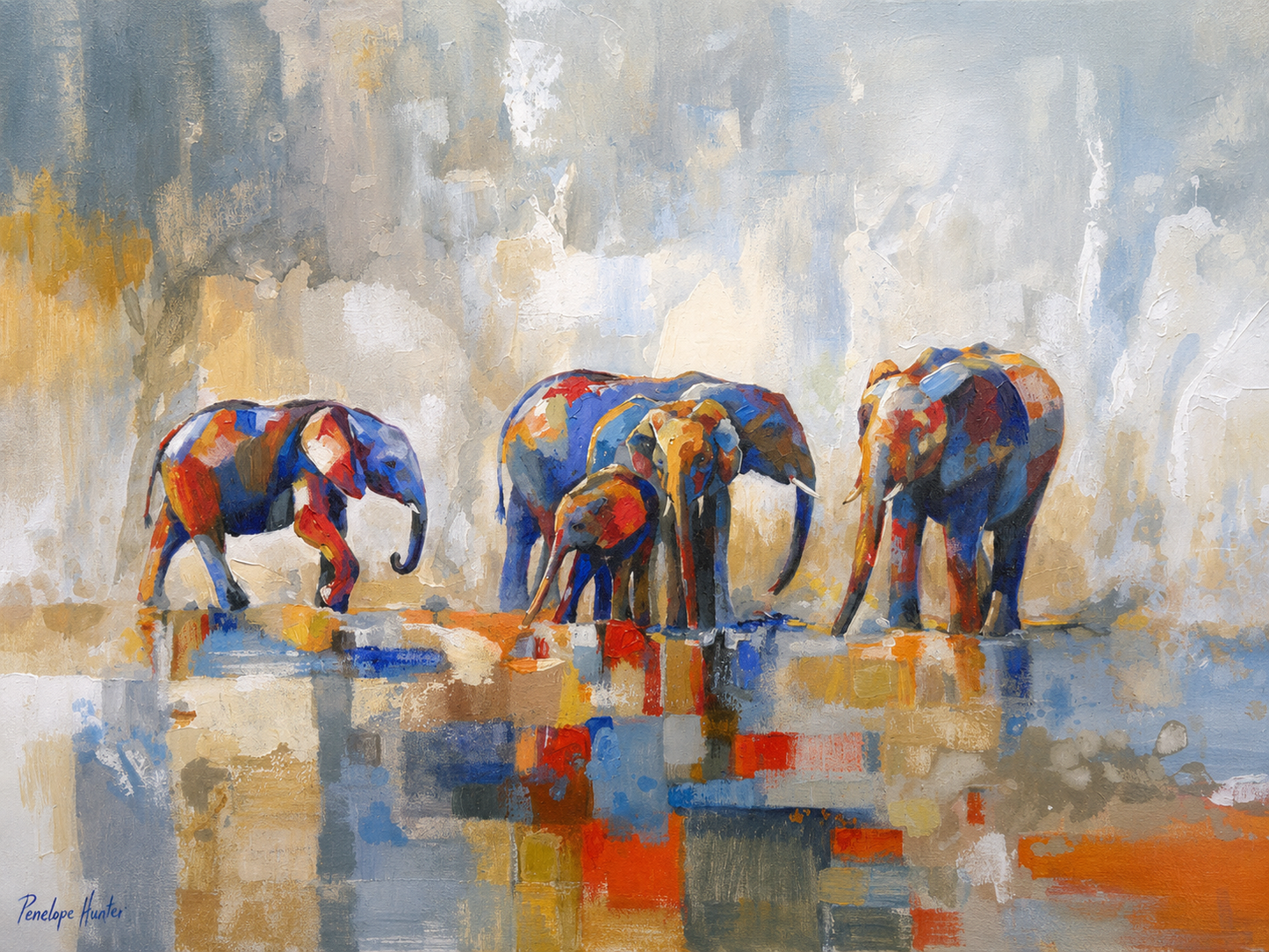 Penelope Hunter original acrylic painting on stretched canvas depicting a herd of African elephants beside reflective water