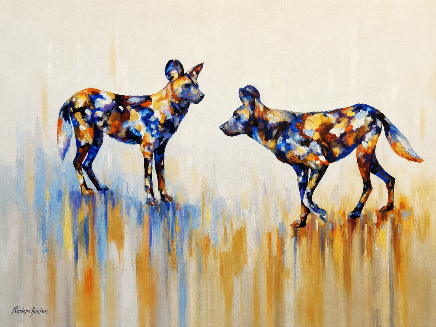 Penelope Hunter original acrylic painting on stretched canvas depicting two colourful African wild dogs standing face to face