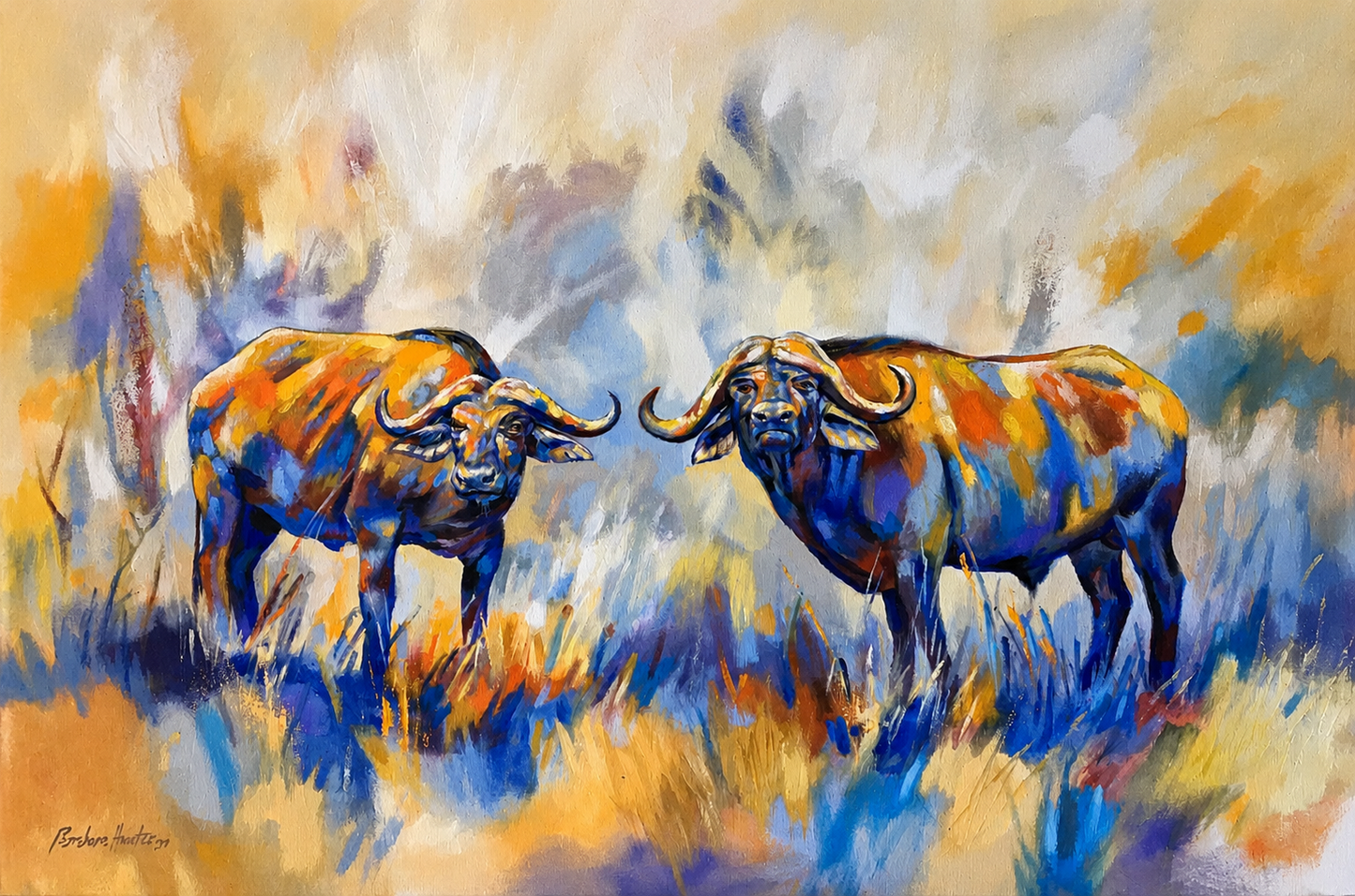 Penelope Hunter original acrylic painting on stretched canvas depicting two African buffalo in an expressive blue and golden grassland