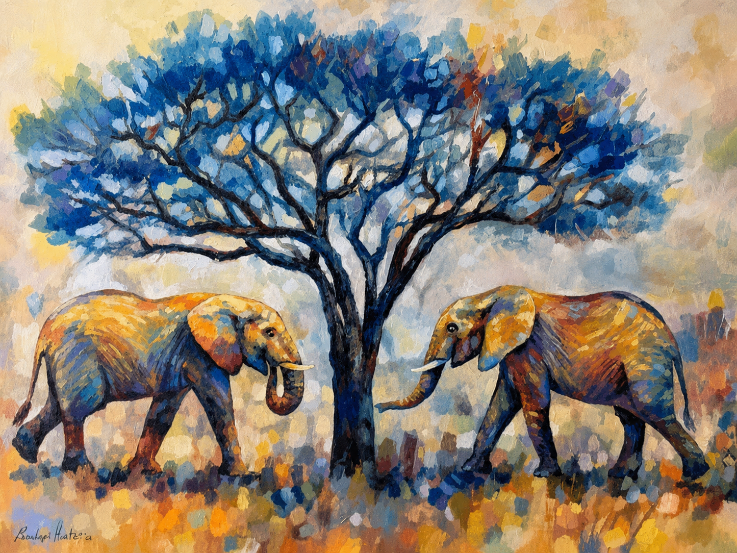 Penelope Hunter original acrylic painting on stretched canvas depicting two African elephants beneath a large blue acacia tree