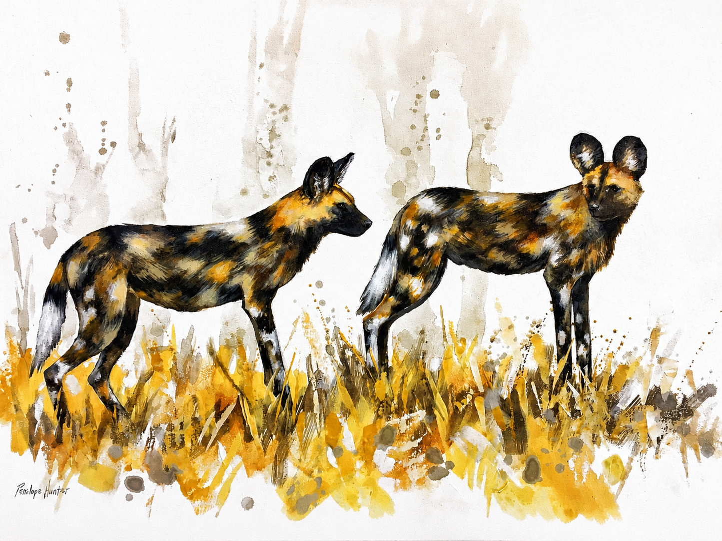 Penelope Hunter original acrylic painting on stretched canvas depicting two African wild dogs standing alert among tall golden grass