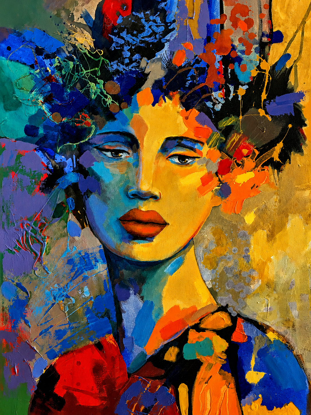 Penelope Hunter original acrylic painting on stretched canvas depicting a vibrant woman portrait framed by colourful abstract floral forms