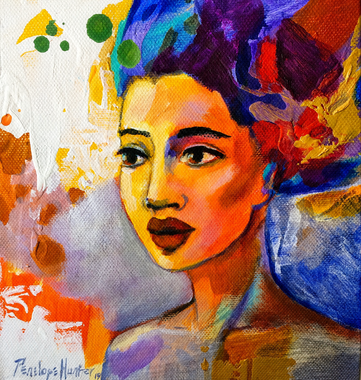 Penelope Hunter original acrylic painting on stretched canvas depicting a poised woman wearing a vibrant purple and blue headwrap