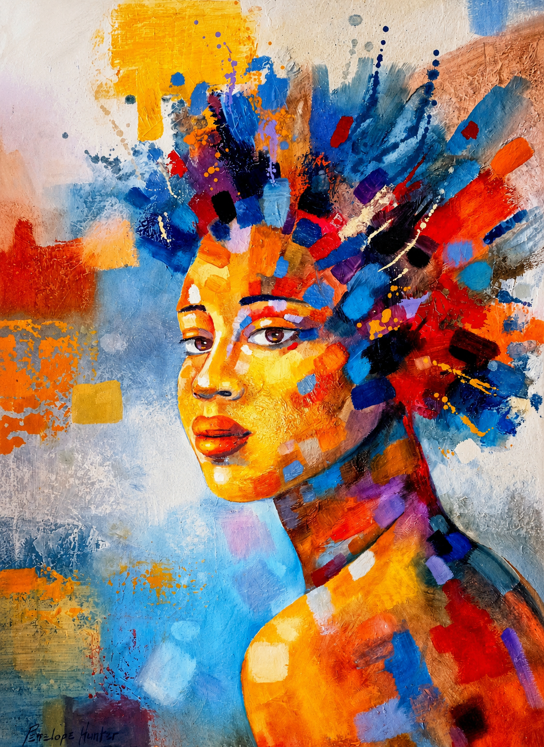 Penelope Hunter original acrylic painting on stretched canvas depicting a vivid woman portrait surrounded by blue, orange and red abstract colour
