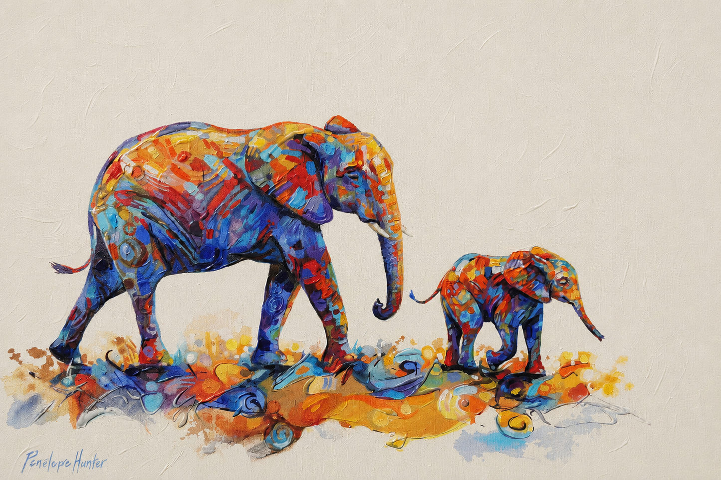 Penelope Hunter original acrylic painting on stretched canvas depicting a colourful African elephant mother walking beside her young calf