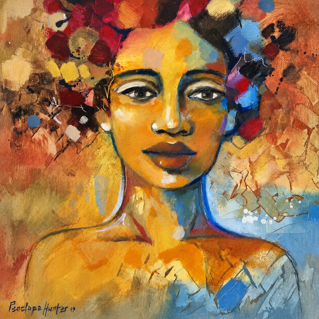 Penelope Hunter original acrylic painting on stretched canvas depicting a poised woman wearing an elaborate red floral headwrap