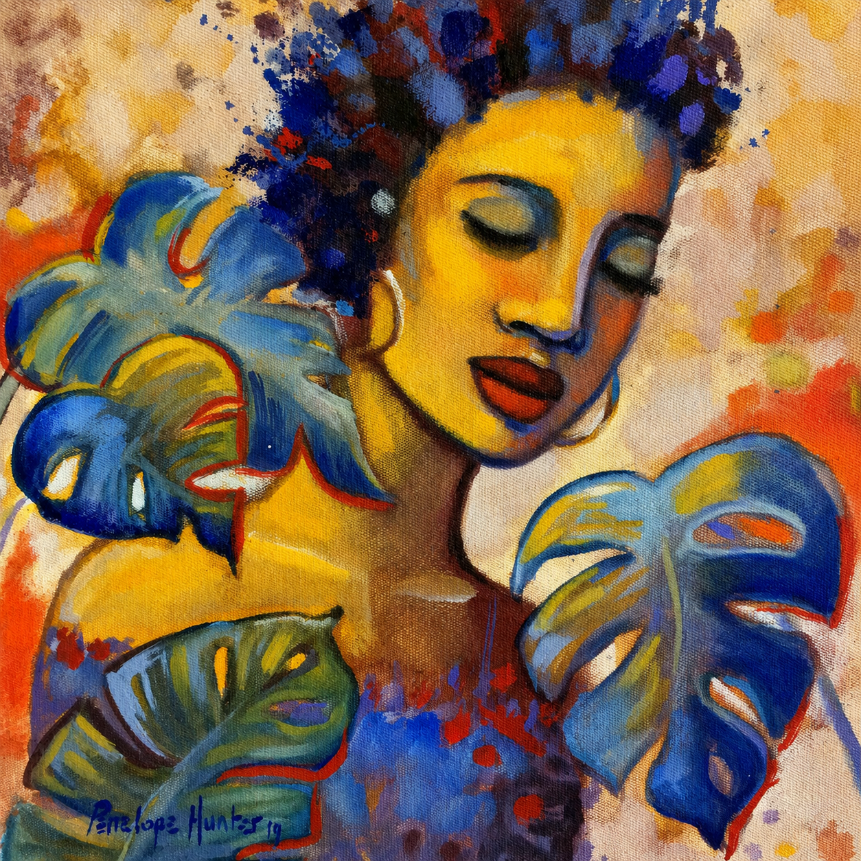 Penelope Hunter original acrylic painting on stretched canvas depicting a serene woman surrounded by large colourful monstera leaves