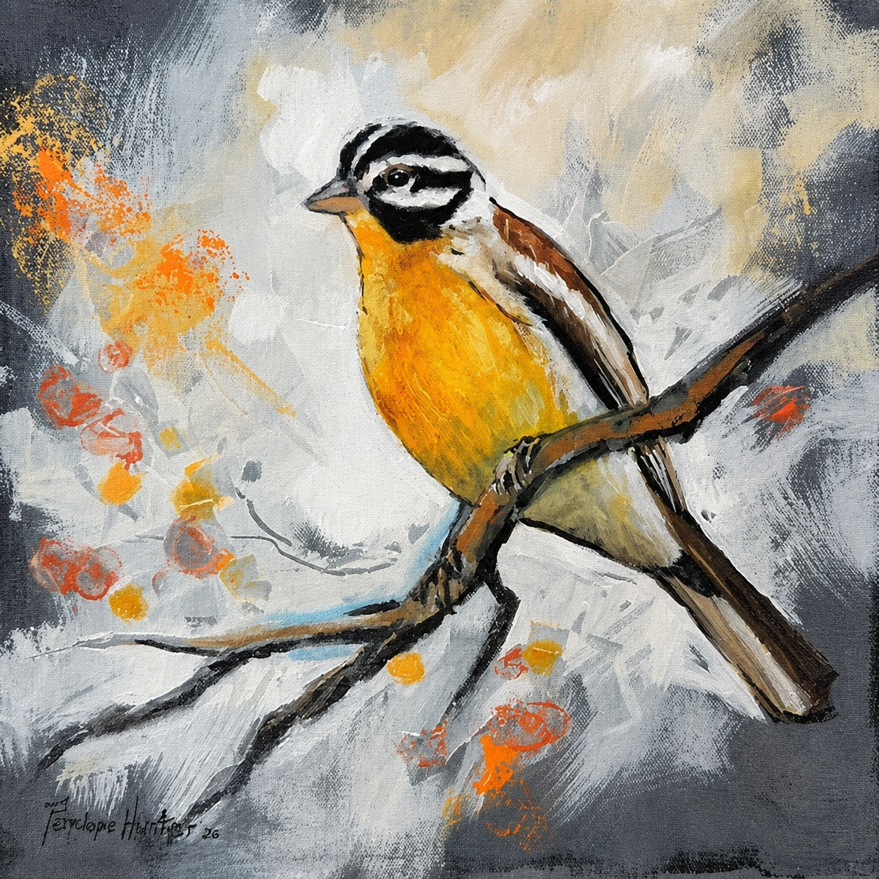 Penelope Hunter original acrylic painting on stretched canvas depicting a yellow-breasted bird with black-and-white markings perched on a branch
