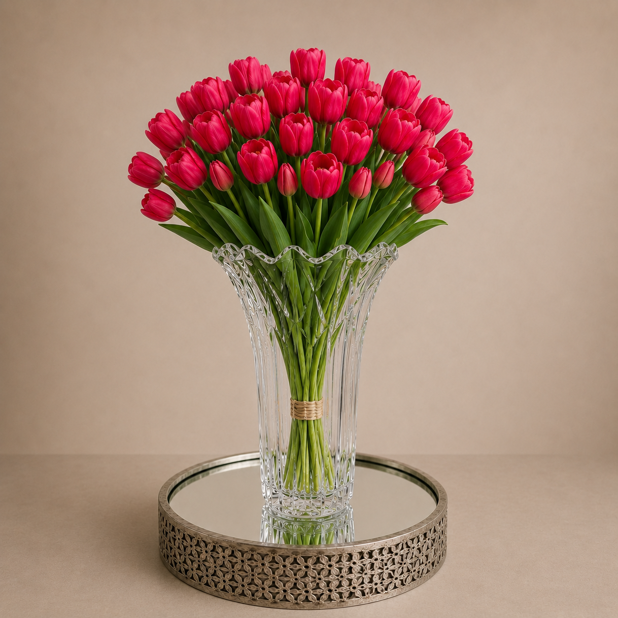Pink Tulip Arrangement with Crystal Vase photographed on a warm beige studio background