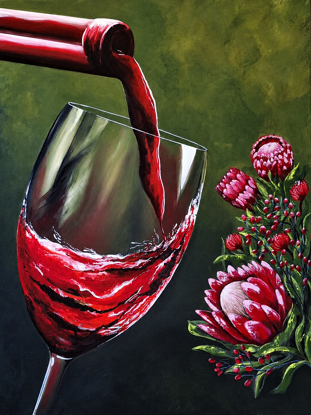 Still life artwork depicting red wine pouring from a bottle into a tilted wine glass, accompanied by vibrant pink protea flowers against a deep olive-green background.